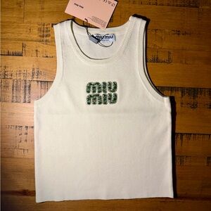 Miu Miu Cream Tank with Green Rhinestones Logo. Size Medium.